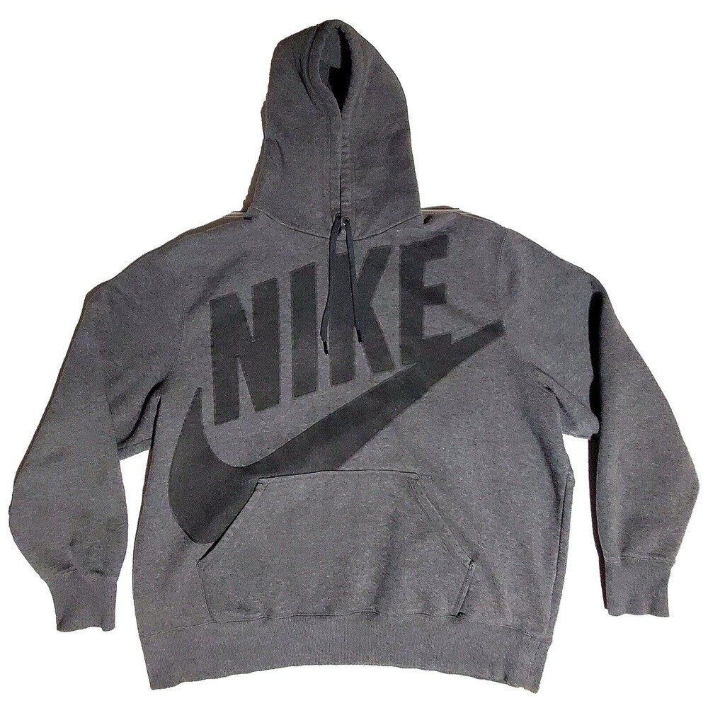 VTG Y2K Nike Hoodie Sweatshirt 2X Gray Stitched Big Logo Pull Over Spell Out EUC